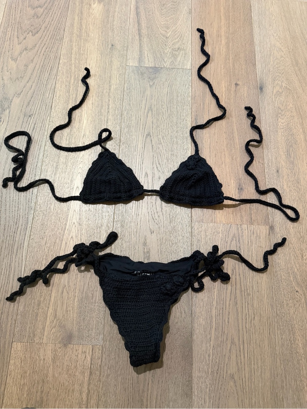 Frankie’s Bikinis Black Crochet Tie-Side Bikini